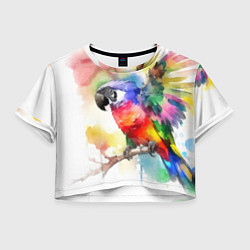 Футболка 3D укороченная женская Разноцветный акварельный попугай, цвет: 3D-принт