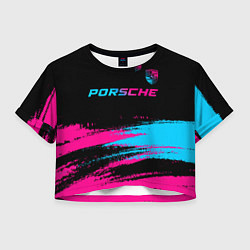 Футболка 3D укороченная женская Porsche - neon gradient: символ сверху, цвет: 3D-принт