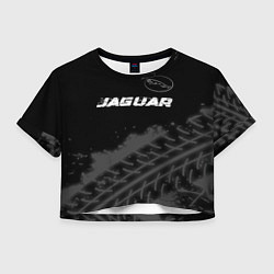 Футболка 3D укороченная женская Jaguar speed на темном фоне со следами шин: символ, цвет: 3D-принт