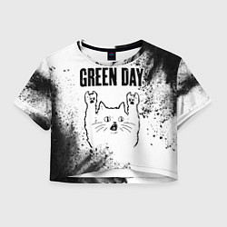 Футболка 3D укороченная женская Green Day рок кот на светлом фоне, цвет: 3D-принт