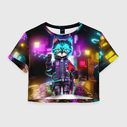 Футболка 3D укороченная женская Cool kitten - cyberpunk - neon glow, цвет: 3D-принт