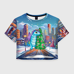 Футболка 3D укороченная женская Дракон у новогодней елки, цвет: 3D-принт