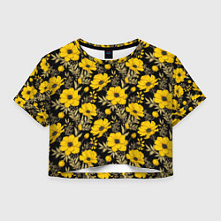 Футболка 3D укороченная женская Желтые цветы на черном фоне паттерн, цвет: 3D-принт