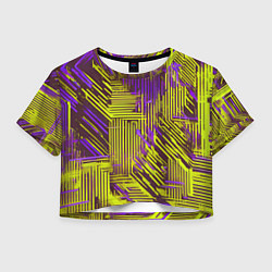 Футболка 3D укороченная женская Киберпанк линии фиолетовые и жёлтые, цвет: 3D-принт