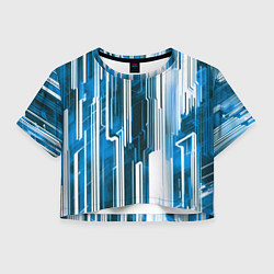 Футболка 3D укороченная женская Киберпанк полосы белый и синий, цвет: 3D-принт