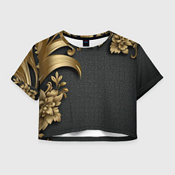 Футболка 3D укороченная женская Золотые объемные листья на сером фоне, цвет: 3D-принт