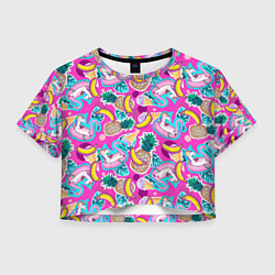 Футболка 3D укороченная женская Единорог в плавательном круге, цвет: 3D-принт