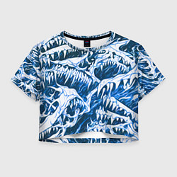 Футболка 3D укороченная женская Белые клыки на синем фоне, цвет: 3D-принт