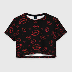 Футболка 3D укороченная женская Паттерн красные губы на черном - lips red, цвет: 3D-принт