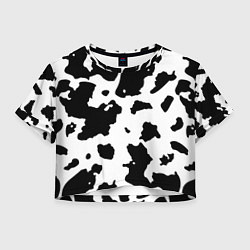Футболка 3D укороченная женская Черно белый коровий узор, цвет: 3D-принт