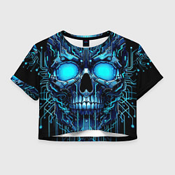 Футболка 3D укороченная женская Неоновый кибер череп - нейроарт микросхема, цвет: 3D-принт