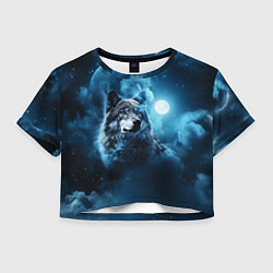 Футболка 3D укороченная женская Волк ночное синее небо, цвет: 3D-принт