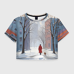 Футболка 3D укороченная женская Прогулка зима, цвет: 3D-принт