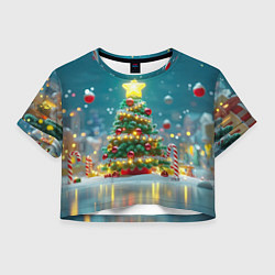 Футболка 3D укороченная женская Новогодняя объемная елочка, цвет: 3D-принт