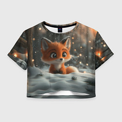 Футболка 3D укороченная женская Лисичка удивляется снегу, цвет: 3D-принт
