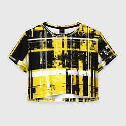 Футболка 3D укороченная женская Жёлто-белый гранж на чёрном фоне, цвет: 3D-принт