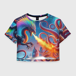 Футболка 3D укороченная женская Огнедышащий дракон против осьминога - нейроарт фан, цвет: 3D-принт