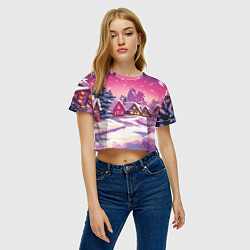 Футболка 3D укороченная женская Новогодние домики и фиолетовый закат, цвет: 3D-принт — фото 2