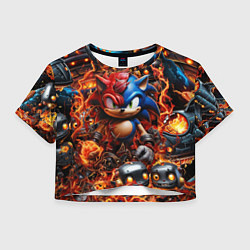 Женский топ Соник и Наклз на фоне огня и роботов