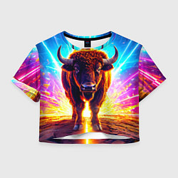 Футболка 3D укороченная женская Буйвол в неонновых лучах, цвет: 3D-принт