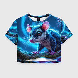 Футболка 3D укороченная женская Опоссум в синей туманности, цвет: 3D-принт