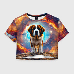 Футболка 3D укороченная женская Сенбернар в космосе, цвет: 3D-принт
