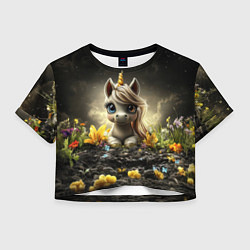 Футболка 3D укороченная женская Белая единорожка на черном фоне, цвет: 3D-принт