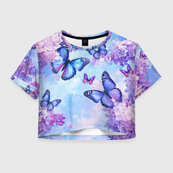 Футболка 3D укороченная женская Бабочки и сирень - нежная голубая живопись, цвет: 3D-принт