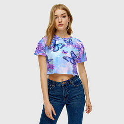 Футболка 3D укороченная женская Бабочки и сирень - нежная голубая живопись, цвет: 3D-принт — фото 2