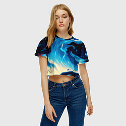 Футболка 3D укороченная женская Бело-синее пламя из абстрактных красок, цвет: 3D-принт — фото 2