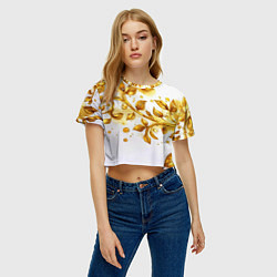Футболка 3D укороченная женская Золотые листья на белом, цвет: 3D-принт — фото 2