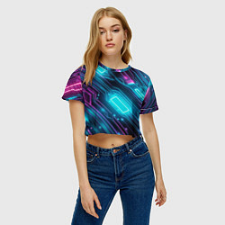 Футболка 3D укороченная женская Неоновый узор киберпанк микросхемы, цвет: 3D-принт — фото 2