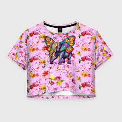 Футболка 3D укороченная женская Слон с крыльями бабочки, цвет: 3D-принт