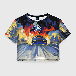 Футболка 3D укороченная женская Синяя БМВ за огнем, цвет: 3D-принт