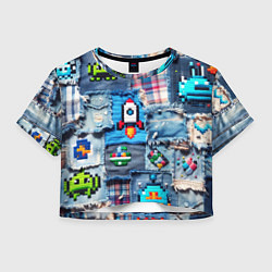 Футболка 3D укороченная женская Пиксельная ракета, цвет: 3D-принт