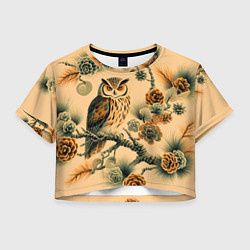 Футболка 3D укороченная женская Сова на ветке сосны, цвет: 3D-принт