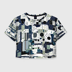 Футболка 3D укороченная женская Чёрно-белый с синий абстракция фигуры точки, цвет: 3D-принт