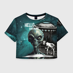 Футболка 3D укороченная женская Инопланетянин на фоне космоса и летающей тарелки, цвет: 3D-принт