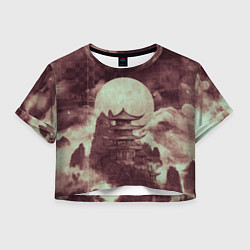 Футболка 3D укороченная женская Японская башня в горах, цвет: 3D-принт