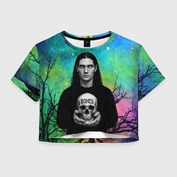 Женский топ Bones без зрачков держит череп в руках