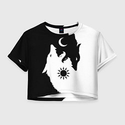 Футболка 3D укороченная женская Мистические волки дня и ночи инь-янь, цвет: 3D-принт