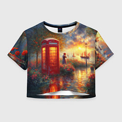 Футболка 3D укороченная женская Пейзаж с красной телефонной будкой, цвет: 3D-принт