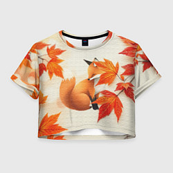 Футболка 3D укороченная женская Лиса под осенними листьями, цвет: 3D-принт