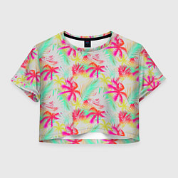 Футболка 3D укороченная женская Palm yellow pink, цвет: 3D-принт