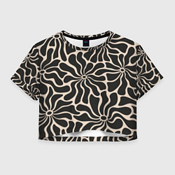 Футболка 3D укороченная женская Цветы black pattern, цвет: 3D-принт