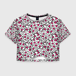 Футболка 3D укороченная женская Мелкий красно белый мозаичный узор на черном, цвет: 3D-принт