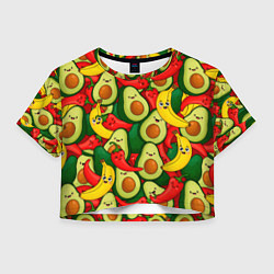 Футболка 3D укороченная женская Авокадо, бананы, перцы чили улыбаются - паттерн фр, цвет: 3D-принт