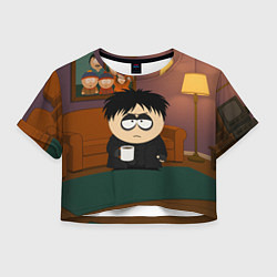 Футболка 3D укороченная женская Эрик Картман гот с кофе, цвет: 3D-принт