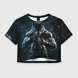 Футболка 3D укороченная женская Волк боец в перчатках, цвет: 3D-принт