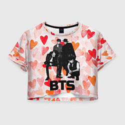 Футболка 3D укороченная женская BTS на фоне сердечек, цвет: 3D-принт